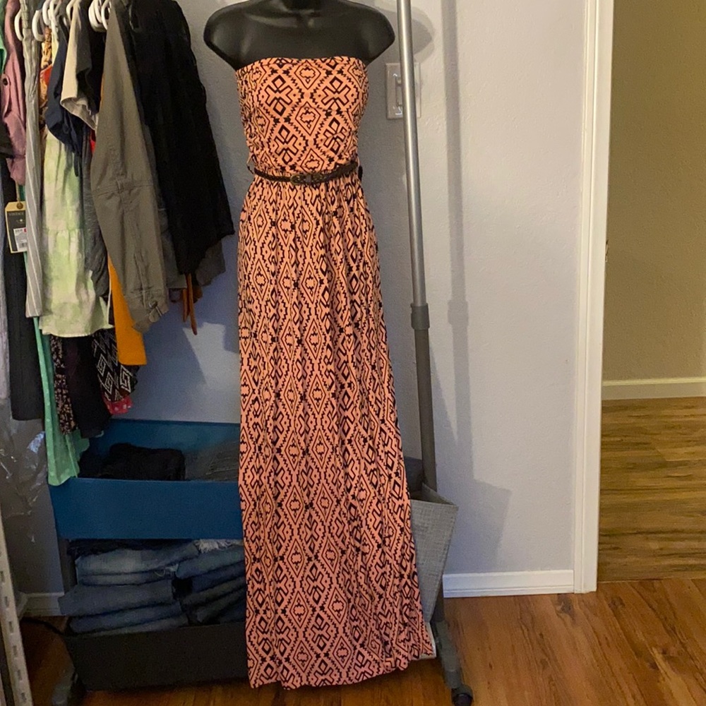 Salmon and black strapless dress